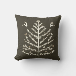 Festive Nordic Christmas Tree Deer Taupe Beige Throw Pillow