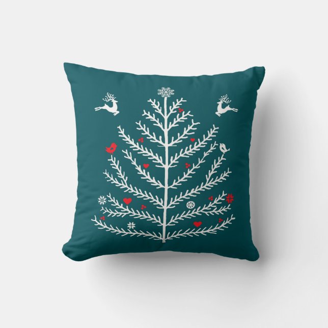 Festive Nordic Christmas Tree Deer Teal Blue Throw Pillow (Front)