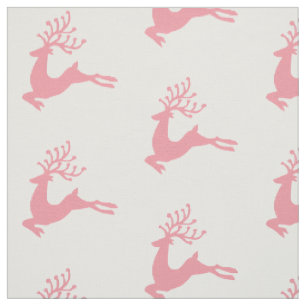 Festive Nordic Pink Deer Silhouette on White Fabric