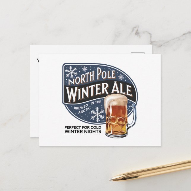 Festive North Pole Winter Ale add message Holiday Postcard (Front/Back In Situ)