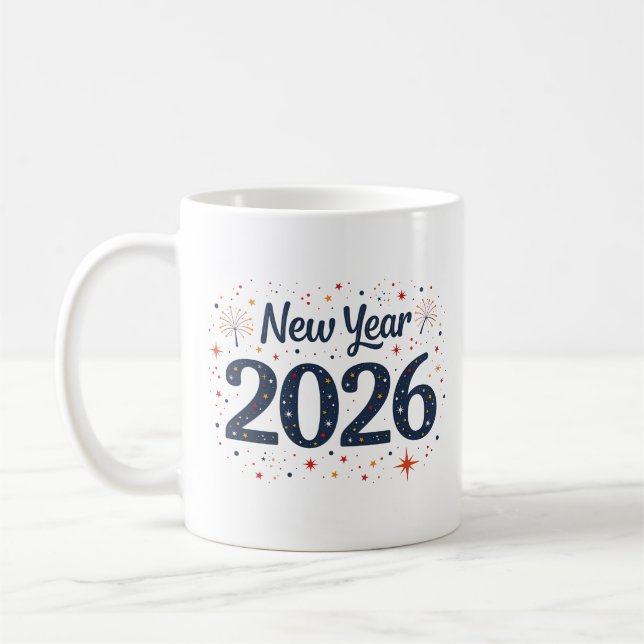 Festive Nouvel An 2026 tasse avec étoiles et feux  (Gauche)