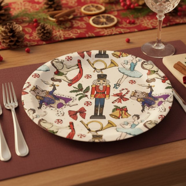 Festive Nutcracker Ballet Christmas Xmas Party Paper Plate (Festive Nutcracker Ballet Christmas Paper Plates. Ivory Nutcracker Pattern for Xmas & Birthday Party)