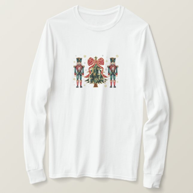 Festive Nutcrackers and Christmas Tree Design T-Shirt (Design Front)