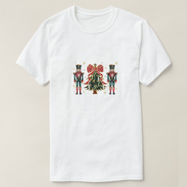 Festive Nutcrackers and Christmas Tree Design T-Shirt (Design Front)