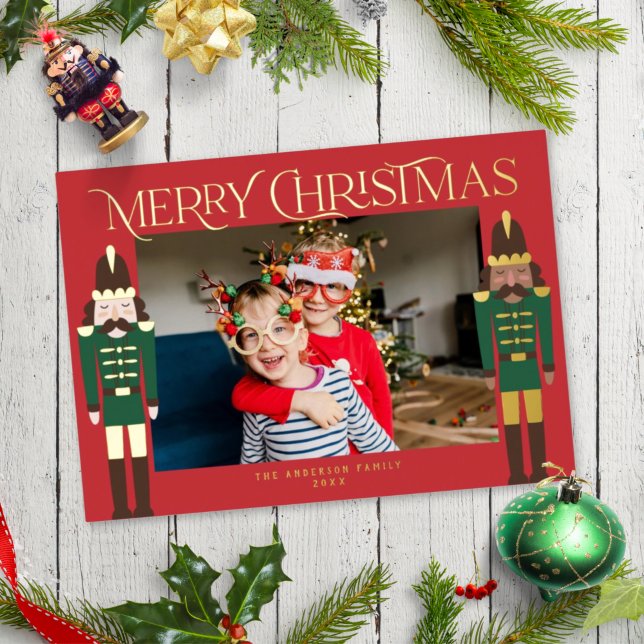 Festive Nutcrackers Christmas Frame Photo Foil Hol Holiday Card (Creator Uploaded)