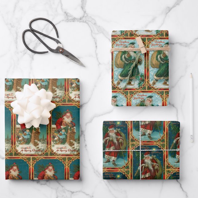 Festive Old World Santa Claus Wrapping Paper Sheet (Front)