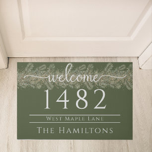 Festive Olive green family name custom address  Doormat