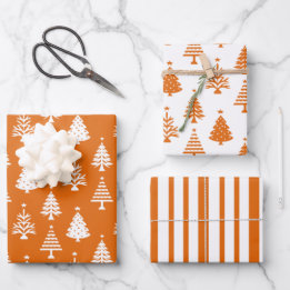 Festive Orange and White Christmas Tree Pattern Wrapping Paper Sheet