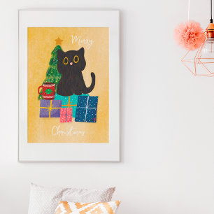 Festive Orange Christmas Cute Cat Coffee Wall Art