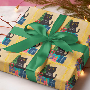 Festive Orange Gold Christmas Black Cat Coffee Wrapping Paper