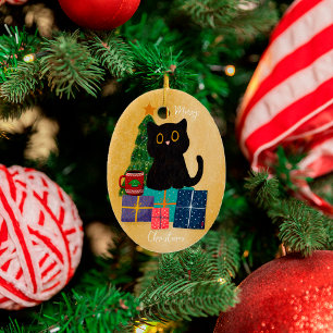 Festive Orange Merry Christmas Black Cat Coffee Ceramic Ornament