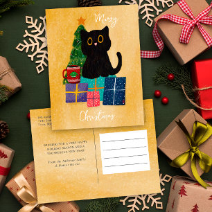 Festive Orange Merry Christmas Black Cat Coffee Holiday Postcard