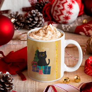Festive Orange Merry Christmas Black Cat Coffee Mug