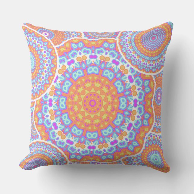 Festive Orange Pink Mandala Design Outdoor Pillow (Front)