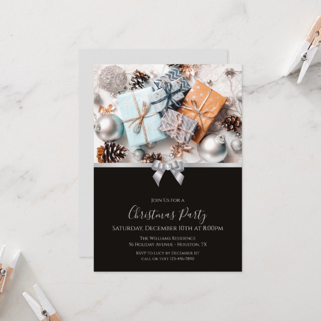 Festive Ornaments & Jewel Bow Christmas Invitation (Front/Back In Situ)
