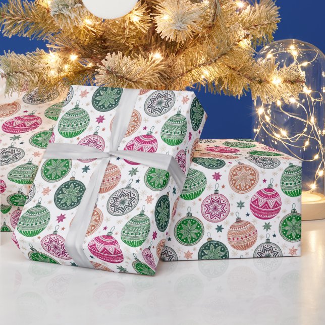 Festive Ornaments Pattern in Pink and Green Wrapping Paper (Holidays)