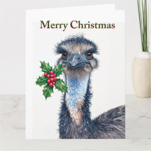 Festive Ostrich Holly Red Berries Merry Christmas Card