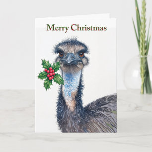 Festive Ostrich Holly Red Berries Merry Christmas Holiday Card