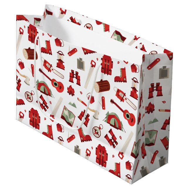 Festive Outdoor Adventure with Camping Gear Large Gift Bag (Front Angled)