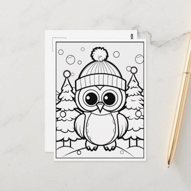 festive owl kid colouring  postcard (Front/Back In Situ)