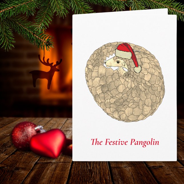 Festive Pangolin Endangered Species Xmas Animal Card (Christmas pangolin wearing a santa hat festive holiday card)
