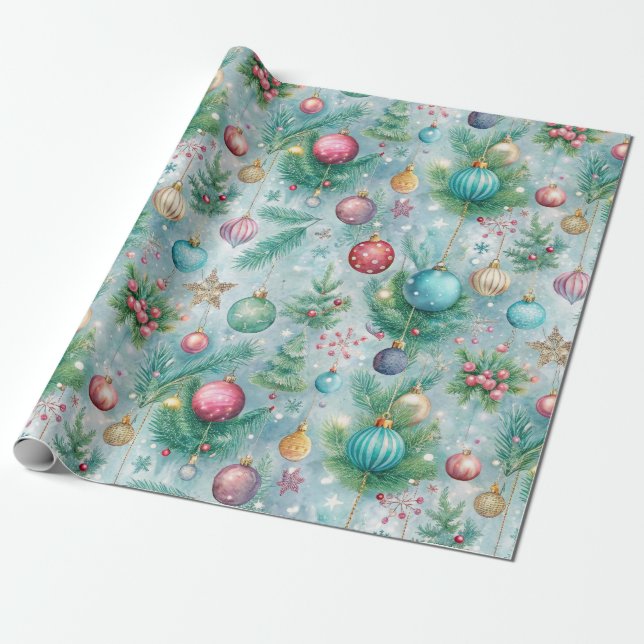 Festive Pastel Christmas Tree Ornament Holly Berry Wrapping Paper (Unrolled)