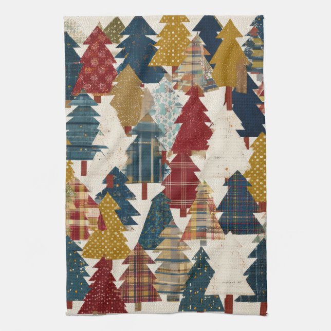 Festive Patchwork Christmas Tree Pattern (2) Kitchen Towel (Vertical)