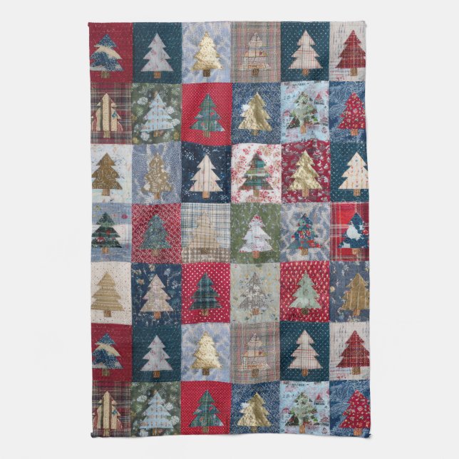 Festive Patchwork Christmas Tree Pattern (4) Kitchen Towel (Vertical)