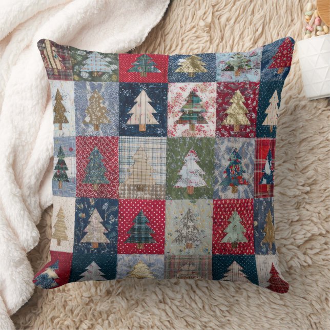 Festive Patchwork Christmas Tree Pattern (4) Throw Pillow (Blanket)