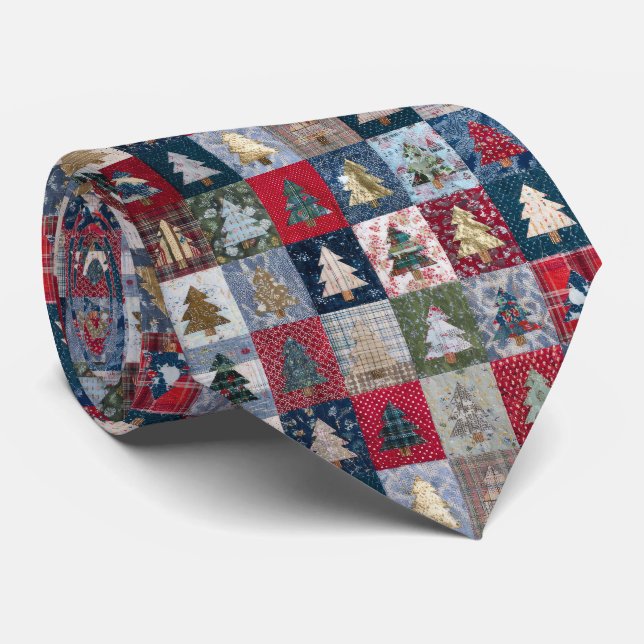 Festive Patchwork Christmas Tree Pattern (4) Tie (Rolled)