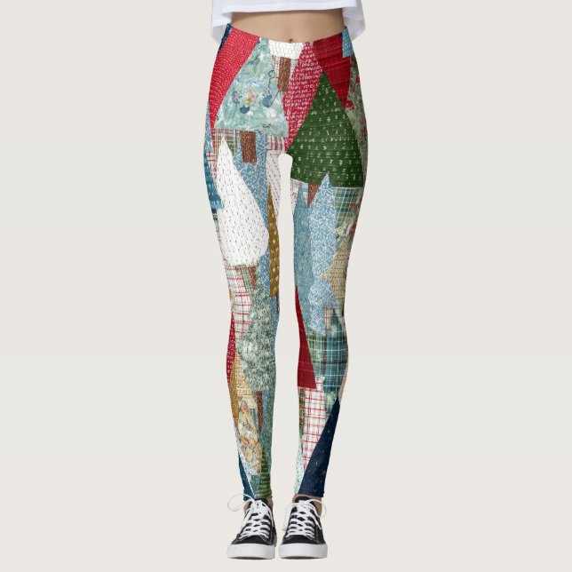 Festive Patchwork Christmas Tree Pattern Leggings (Front)