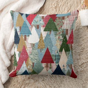 Festive Patchwork Christmas Tree Pattern Throw Pillow
