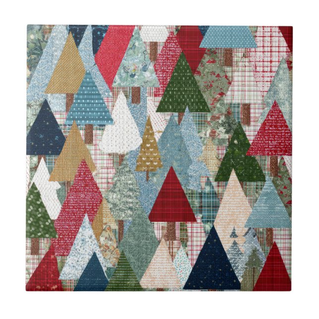 Festive Patchwork Christmas Tree Pattern Tile (Front)