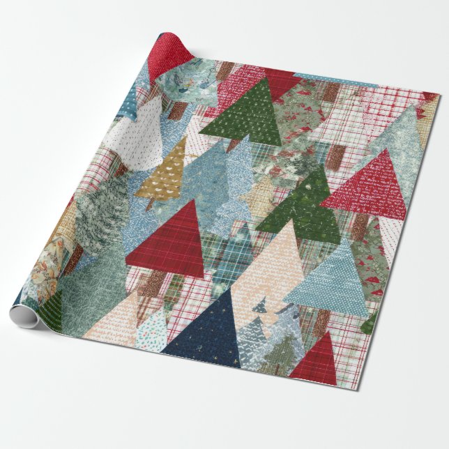 Festive Patchwork Christmas Tree Pattern Wrapping Paper (Unrolled)