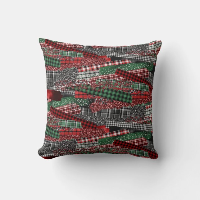 Festive Patchwork Plaid & Glitter Holiday Accent Throw Pillow (Front)