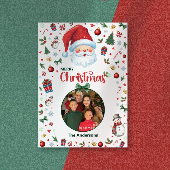Festive Pattern One Photo Santa Merry Christmas   Holiday Card (Creator Uploaded)
