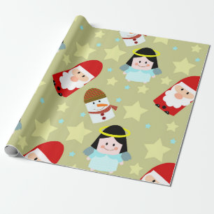 festive pattern with angels, Santa and snowman Wrapping Paper
