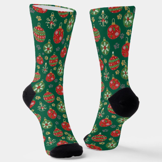  Festive Paw Print Christmas Ornament Socks (Angled)