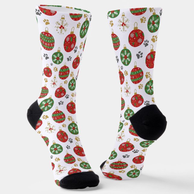 🐾 Festive Paw Print Christmas Ornament Socks (Angled)