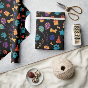 Festive Paw Prints & Party Treats Pet Anniversary Wrapping Paper