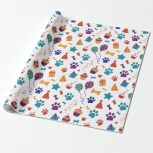 Festive Paw Prints & Party Treats Pet Anniversary Wrapping Paper