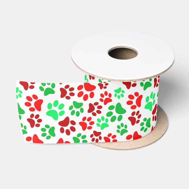 Festive Paw Prints Pet Lovers Red Green Christmas Satin Ribbon (Spool)
