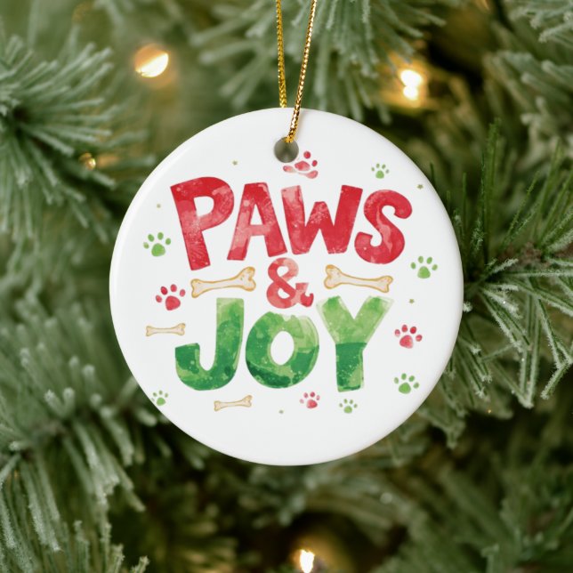 Festive "Paws and Joy" Christmas Pet Lover Holiday Ceramic Ornament (Tree)