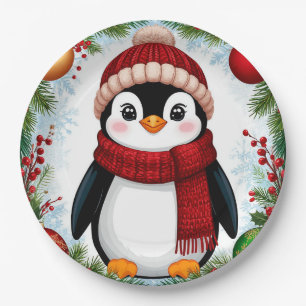 Festive Penguin Decorated With Holiday Ornaments Paper Plate