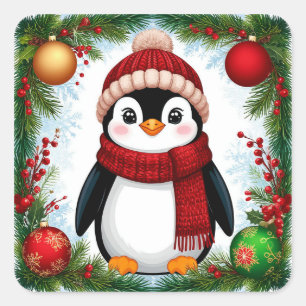 Festive Penguin Decorated With Holiday Ornaments Square Sticker