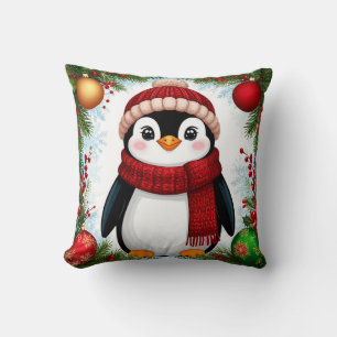 Festive Penguin Decorated With Holiday Ornaments Throw Pillow