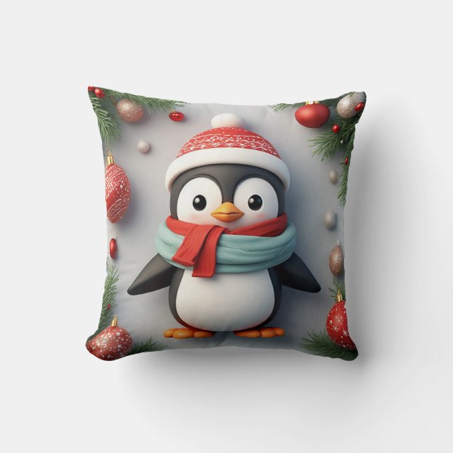  Festive Penguin Decorated With Holiday Ornaments Throw Pillow (Front)
