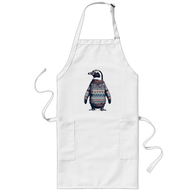 Festive Penguin in a Colourful Sweater Long Apron (Front)
