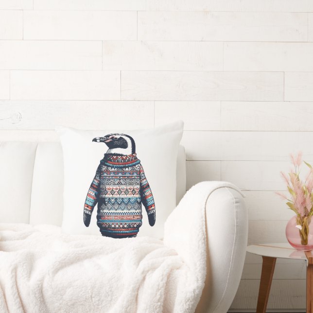 Festive Penguin in a Colourful Sweater Throw Pillow (Couch)