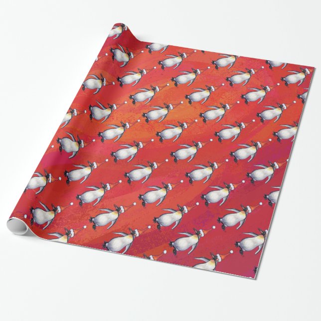 Festive Penguin in a Santa Hat Pattern Wrapping Paper (Unrolled)